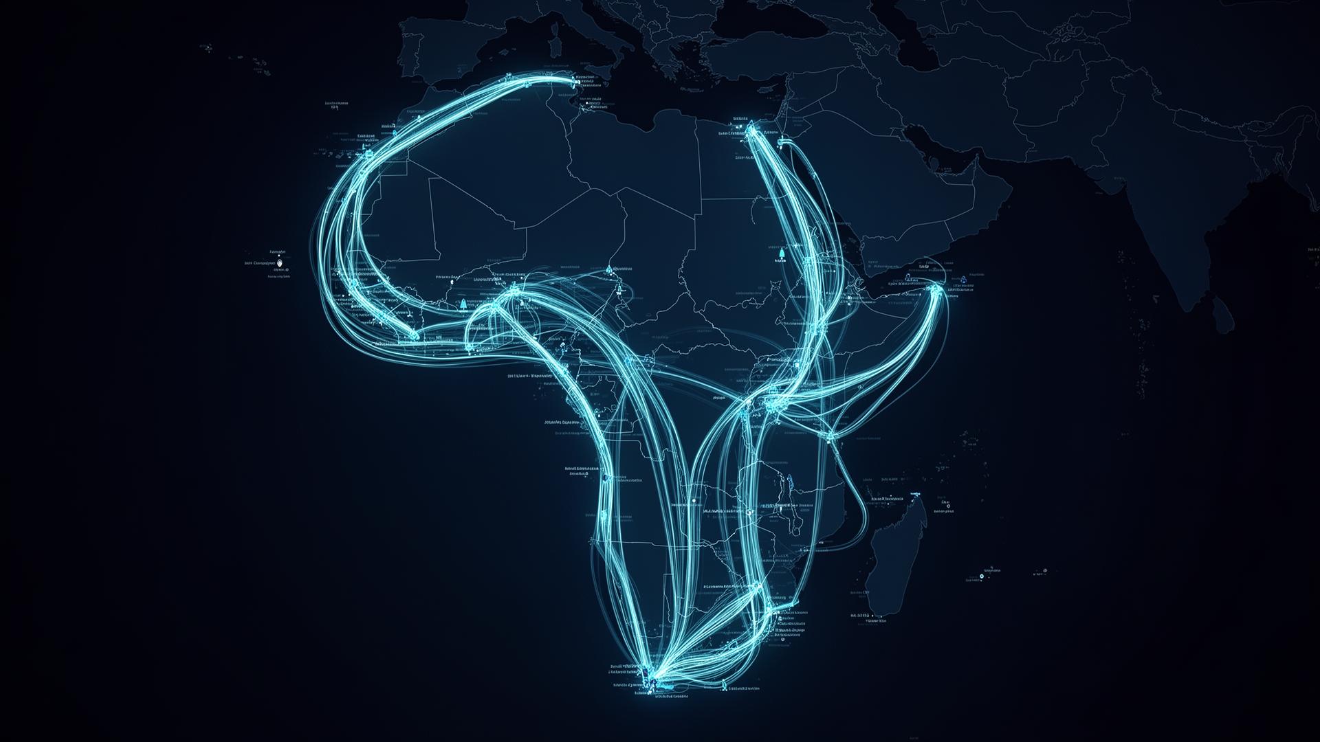Glowing data routes across Africa